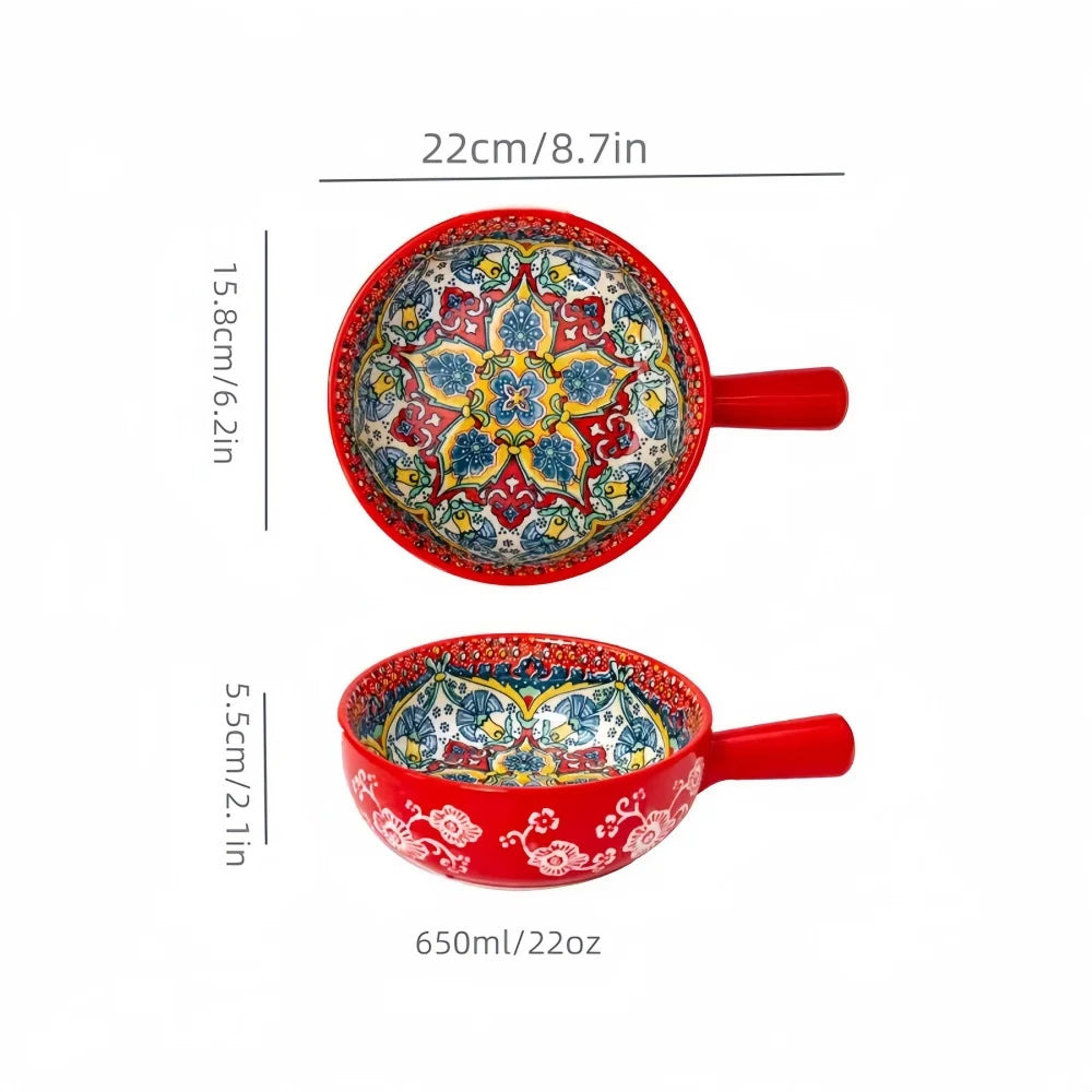 Bohemian Hand-Painted Ceramic Salad Bowl – Embossed Pattern with Handle (Microwave & Oven Safe)