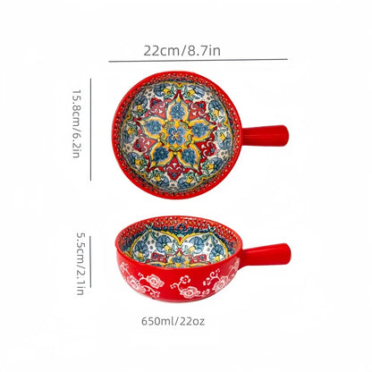 Bohemian Hand-Painted Ceramic Salad Bowl – Embossed Pattern with Handle (Microwave & Oven Safe)