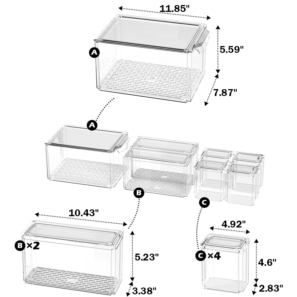 7PCS Fridge Organizer Bin Set – Stackable Clear Storage with Lids & Drain Tray