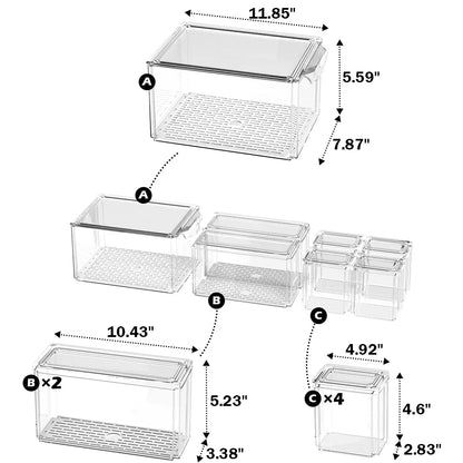 7PCS Fridge Organizer Bin Set – Stackable Clear Storage with Lids & Drain Tray