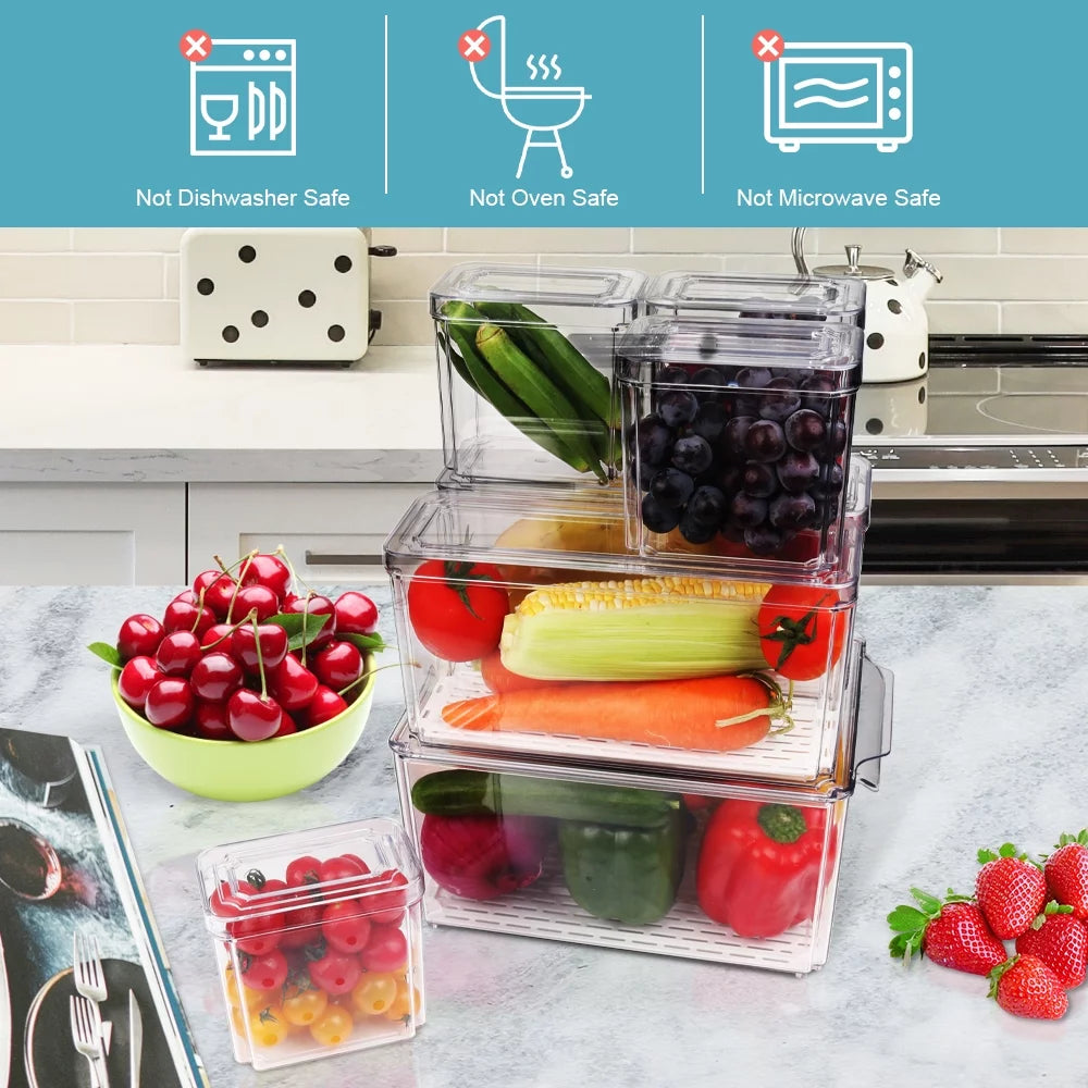 7PCS Fridge Organizer Bin Set – Stackable Clear Storage with Lids & Drain Tray
