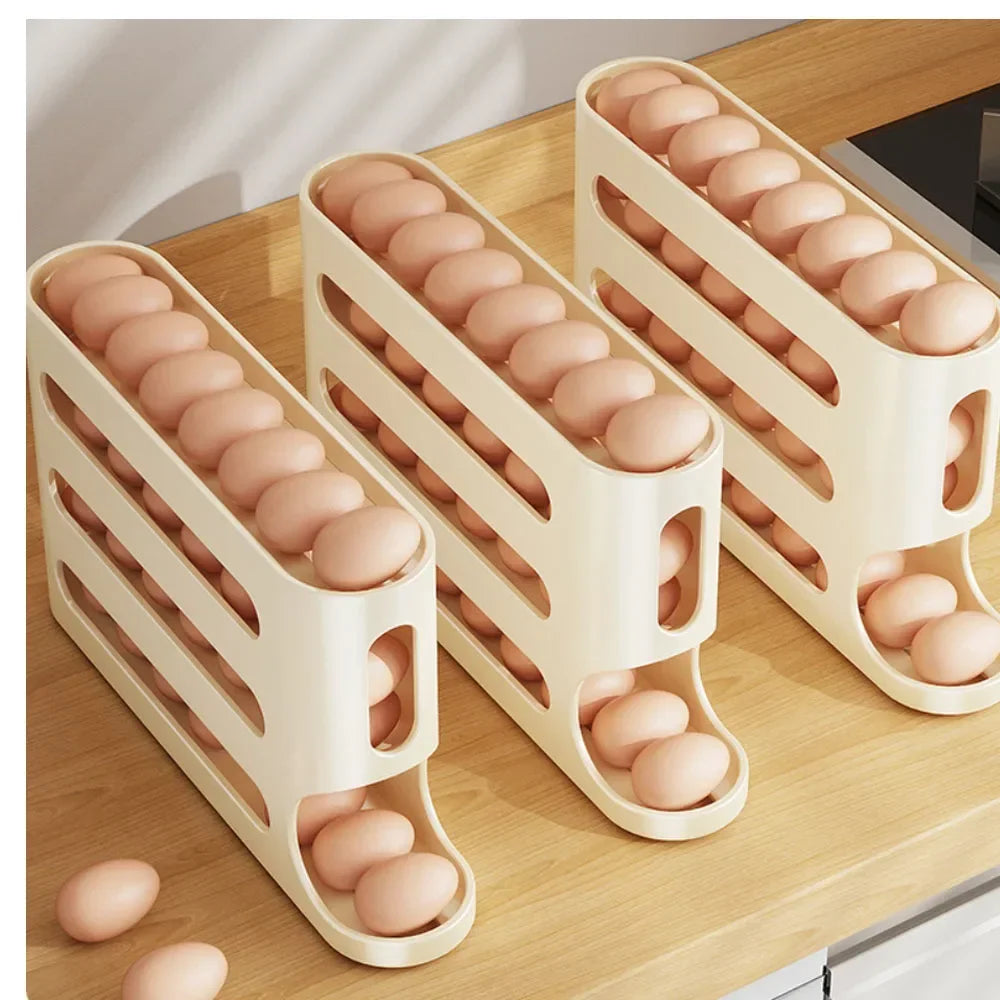 Automatic Rolling Egg Holder – 4-Layer Fridge Organizer | Space-Saving, Easy Access, Sleek Storage