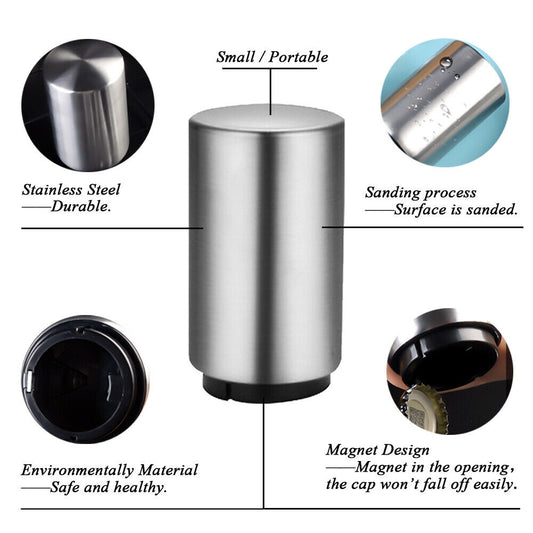 Magnetic Push-Down Bottle Opener – Stainless Steel, Reusable Cap Friendly
