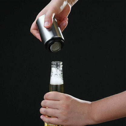 Magnetic Push-Down Bottle Opener – Stainless Steel, Reusable Cap Friendly